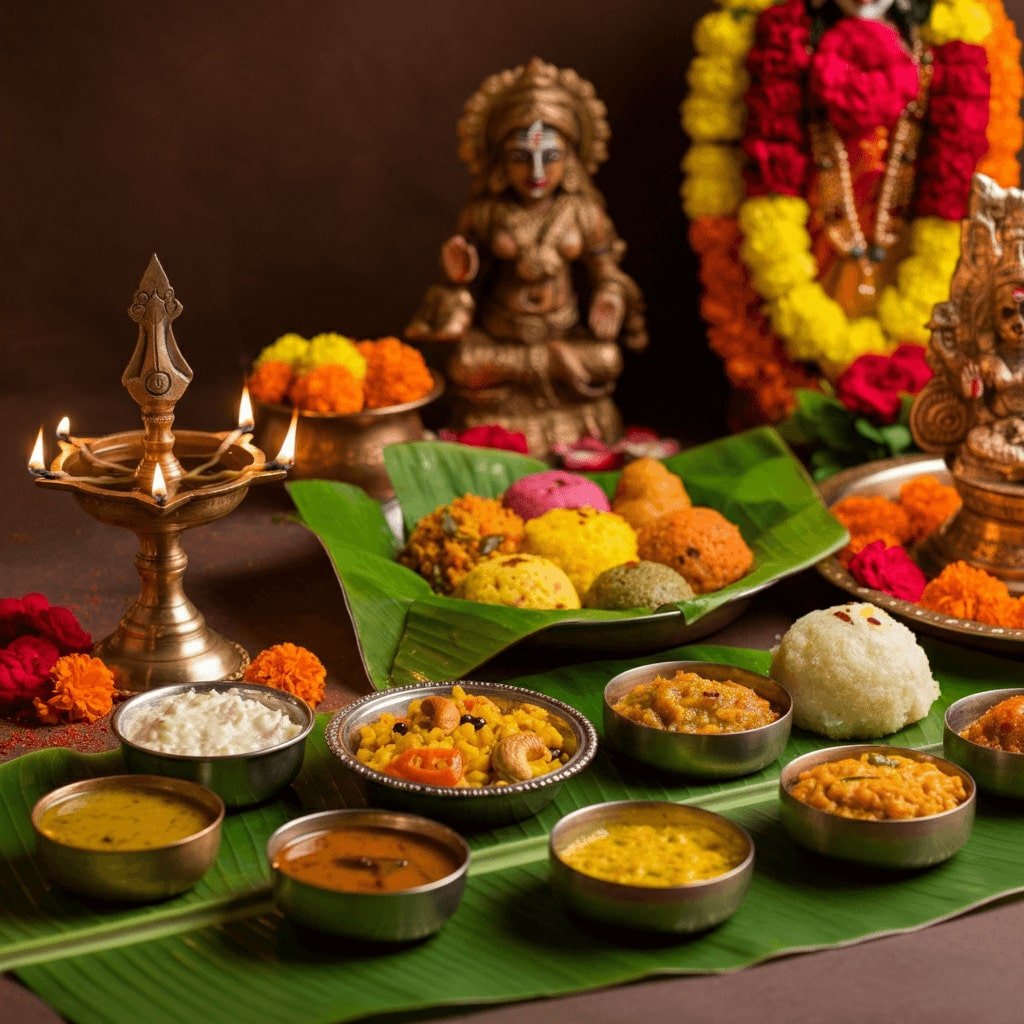 Navratri Naivedyam Recipes: A vibrant South Indian Navratri prasadam spread featuring traditional dishes like Sundal, Payasam, and Pongal, arranged on banana leaves with festive decor in the background.