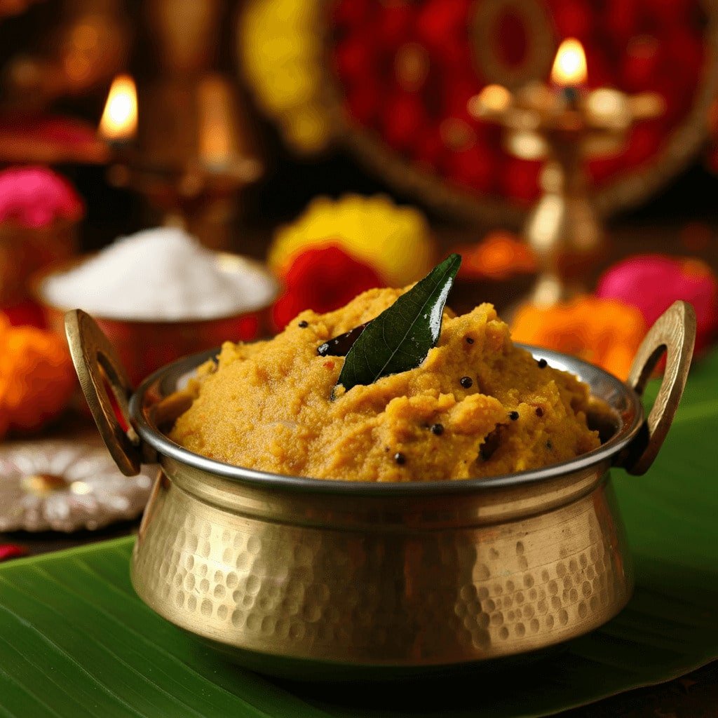 Navratri Naivedyam Recipes: A close-up of a traditional South Indian Sundal dish served in a brass bowl, garnished with fresh coconut and curry leaves, placed on a banana leaf with a festive Navratri backdrop.