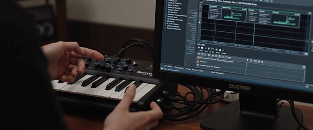 Hands connecting a MIDI cable from a full-size keyboard into the MIDI In port of a Behringer UMC204HD.